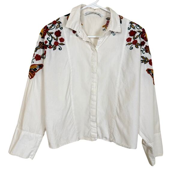Zara White Button Down Shirt Embroidered Floral Butterfly Long Sleeve Blouse - Picture 1 of 5